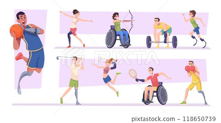 Disabled fitness. Athletes characters with protesis legs and hands exact vector illustrations in cartoon style 118650739