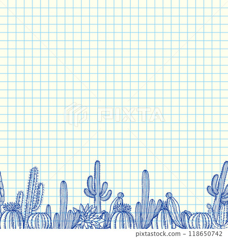 hand drawn cactuses. copybook decorative page with drawn plants and empty place for personal design or text hand drawn cactuses. copybook decorative page with drawn plants and empty place for personal design or text 118650742