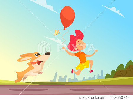 dog running. best friends girl running with red balloon and little puppy jumping to butterfly on vector cartoon landscape 118650744