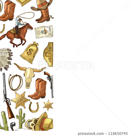 cowboy background. sheriff badge horse skull weapon attributes of wild West vector template cowboy background. sheriff badge horse skull weapon attributes of wild West vector template 118650745