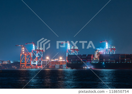 Container ship, cranes, shipping, night port scene Container ship, cranes, shipping, night port scene 118650754