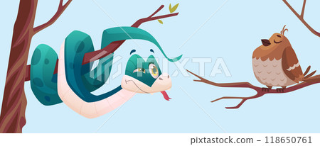 snake. lizard hunting on bird vector cartoon snake on tree 118650761