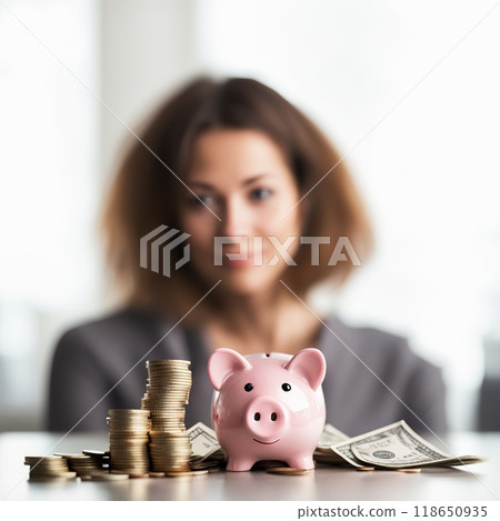 Young woman with piggy bank and coins on table in office. Young woman with piggy bank and coins on table in office. 118650935