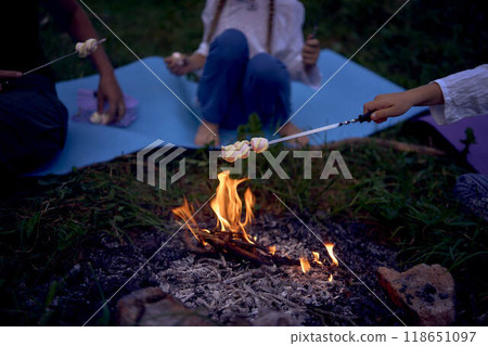 mother and her daughters  roasting and eating marshmallows on the campfire, camping vacation with children, mosquito bites on children's faces 118651097