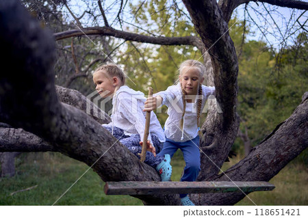 little sisters girls climb a tree, mother secures them below, camping with children 118651421