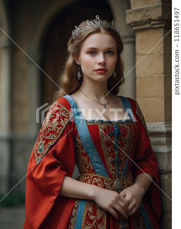 Portrait of a beautiful young woman in medieval dress. Medieval style. Portrait of a beautiful young woman in medieval dress. Medieval style. 118651497