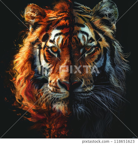 The striking tiger features vibrant orange and black fur on one side, gradually shifting to a darker, more subdued hue, showcasing the beauty of wildlife and power 118651623