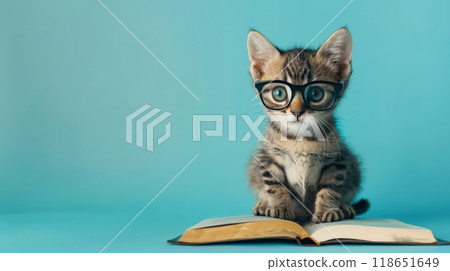 A playful kitten with glasses looks up from an open book, seemingly intrigued. The blue background adds a cheerful touch to this charming moment A playful kitten with glasses looks up from an open book, seemingly intrigued. The blue background adds a cheerful touch to this charming moment 118651649