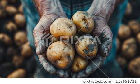 A man cradles several freshly dug, earthy potatoes in his hands, showcasing the bounty of a successful harvest on a rustic farm during autumn A man cradles several freshly dug, earthy potatoes in his hands, showcasing the bounty of a successful harvest on a rustic farm during autumn 118651721