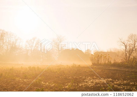Foggy sunny autumn morning in the countryside 118652062