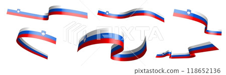 Set of holiday ribbons. Slovenia flag waving in wind. Separation into lower and upper layers. Design element. Vector on white background 118652136