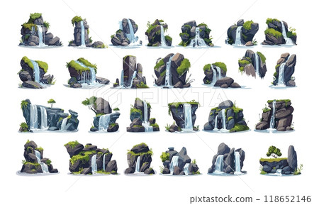 Waterfall springs cartoon vector collection. Boulders rocks stones water cascades greenery undergrowth lichen pebbles clear aqua sprays peaks descending streams, isolated illustrations Waterfall springs cartoon vector collection. Boulders rocks stones water cascades greenery undergrowth lichen pebbles clear aqua sprays peaks descending streams, isolated illustrations 118652146