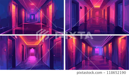 Twilight dark corridor cartoon vector settings. Doors empty passage purple dusk danger lighting creepy tunnel scary office hotel hallway interior concepts 118652190