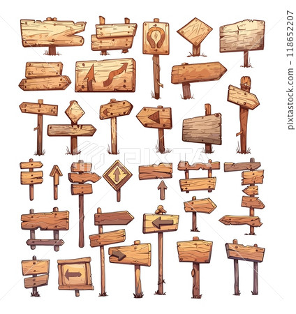 Timber directional markers cartoon vector collection. Wayfinding posts panels indicators route wood signs frames marks road pointers illustrations isolated on white background Timber directional markers cartoon vector collection. Wayfinding posts panels indicators route wood signs frames marks road pointers illustrations isolated on white background 118652207