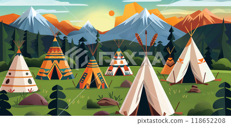 A Native American tepee camp is nestled in a mountain landscape 118652208