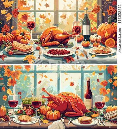 Thanksgiving celebration dining table cartoon scenes. Pumpkin chicken turkey places drinks tablecloth wine table window traditional delicious food concepts 118652211