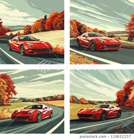 Athletic scarlet car gliding peaceful rural paths cartoon vector scenes. Dynamic power efficiency motor vehicle auto roadway countryside speed driving landscape vibrant illustrations 118652257