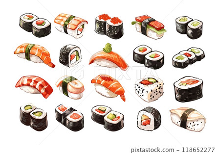 Assorted sushi sashimi cartoon vector set. Rolls nigiri maki rice fish seafood japanese cuisine fresh gourmet food delicious appetizing illustrations isolated on white background 118652277