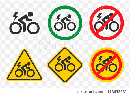Electric Bike icons symbol set. No E Bike, bicycle prohibition sign logo. Cyclist Bike road. Vector illustration image. Electric Bike icons symbol set. No E Bike, bicycle prohibition sign logo. Cyclist Bike road. Vector illustration image. 118652581
