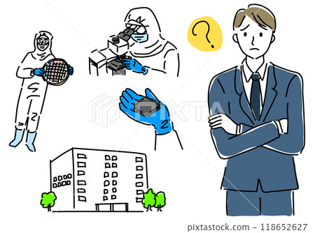 Rough hand-drawn line drawing of a man thinking about semiconductors 118652627