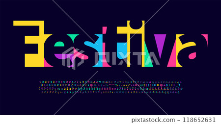 Festival colorful alphabet, art colored letters, joyful funny font for bright geometric logo, Mexican or Indian fest headline, birthday greeting card, school project design. Vector typographic design Festival colorful alphabet, art colored letters, joyful funny font for bright geometric logo, Mexican or Indian fest headline, birthday greeting card, school project design. Vector typographic design 118652631