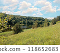 Serene landscape with a lush green meadow, tranquil lake, and forested hills under a cloudy blue sky.  118652683