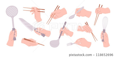 Hands holding utensils. Hand cooking and eating, hold kitchen tools. Spoon chopsticks knife fork in human arm food preparation, racy vector set 118652696