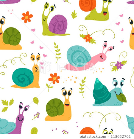 Snail seamless pattern. Forest garden snails fabric print, cute insects wrapping template design. Decorative animalistic cartoon classy vector background 118652701