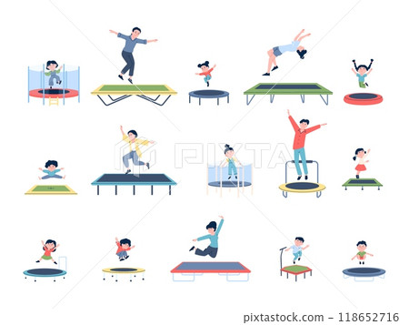 People jumping trampoline. Adults kids jump trampolines, physical training and fun outdoor activities. Bouncing characters, recent vector set People jumping trampoline. Adults kids jump trampolines, physical training and fun outdoor activities. Bouncing characters, recent vector set 118652716