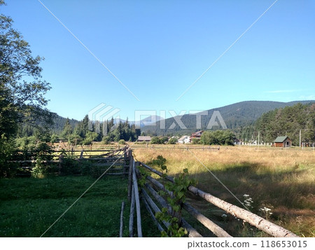 View of Hoverla Mountain in the Carpathians from the countryside grows green grass and fence horizontal 118653015