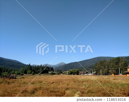 View of Hoverla Mountain in the Carpathians from the countryside grows green grass and a design for drying grass horizontal View of Hoverla Mountain in the Carpathians from the countryside grows green grass and a design for drying grass horizontal 118653016