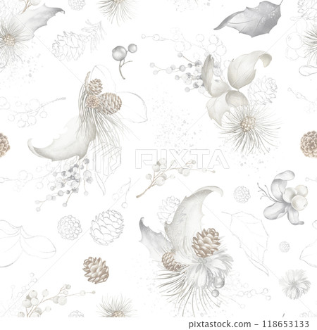 Seamless Christmas Flowers Design. Watercolor design Hand-drawn with berries, branches, and holly on a pale background. Perfect for festive backgrounds and winter designs. Cute Design gift wrap. 118653133