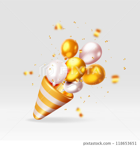 3D party popper with balloons confetti isolated 118653651