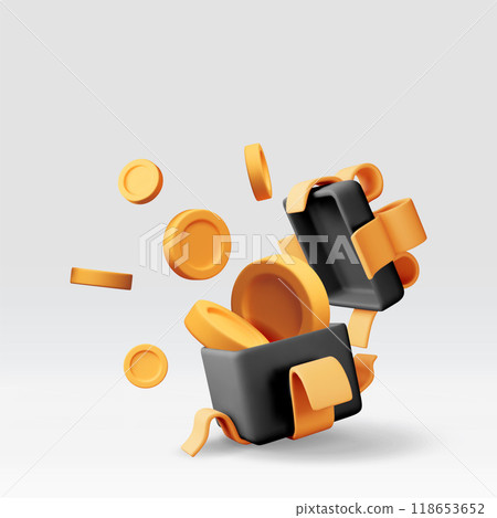 3D black open gift box full of gold coins 118653652