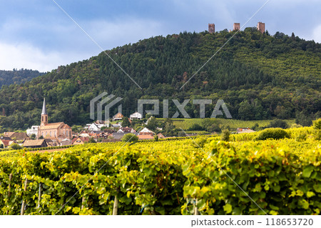 Village Husseren-les-Chateaux and the three castles of Husseren-les-Chateaux, in Alsace, in Vosges, on Alsace Wine Route, Haut-Rhin, Grand Est, France 118653720