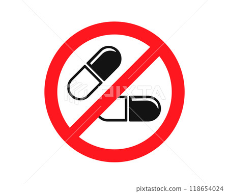 No drugs allowed. Pills medical icon shape. Medicine prohibited logo symbol sign. Vector illustration image. Drug free zone. No drugs allowed. Pills medical icon shape. Medicine prohibited logo symbol sign. Vector illustration image. Drug free zone. 118654024