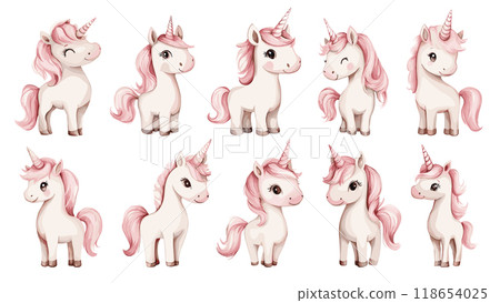 Little Unicorn with Pink Mane in Various Poses Magical Fantasy Playful Joyful Watercolor Illustrations For Childrens Book Little Unicorn with Pink Mane in Various Poses Magical Fantasy Playful Joyful Watercolor Illustrations For Childrens Book 118654025