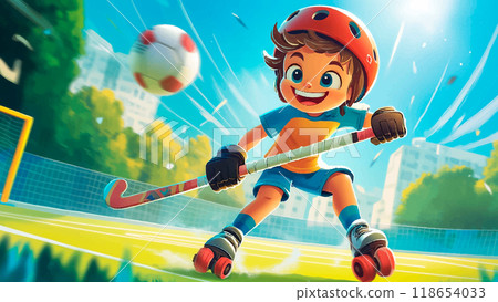 Little Boy On Rollerblades Playing Field Hockey Cartoon Illustration For Childrens Book Character Rollerblades Exciting Field Hockey Game Kids Storybook Active Sports Scene 118654033