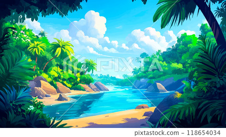 Landscape With River On Banks Of Dense Tropical Forest Cartoon Illustration For Childrens Book Scenic River Tropical Forest Colorful Dense Jungle Whimsical Art Kids Storybook 118654034