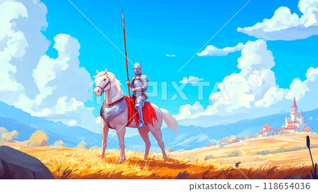 Knight In Shining Armor With Spear On Tall Beautiful Horse Cartoon Illustration For Childrens Book Gallant Character Colorful Majestic Art Kids Storybook Brave 118654036