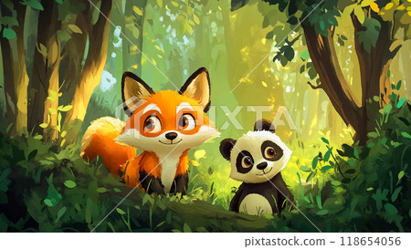 Fox And Panda In Thicket Of Forest Cartoon Illustration For Childrens Book Adorable Characters Forest Thicket Whimsical Kids Storybook Charming Woodland Scene 118654056
