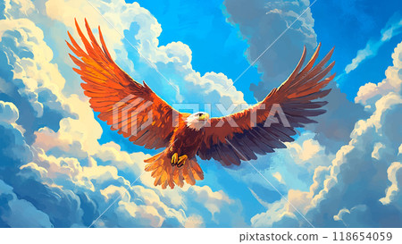 Eagle Flying Through Clouds Cartoon Illustration For Childrens Book Majestic Eagle Character Colorful Clouds Whimsical Art Kids Storybook Soaring Sky Scene Beautiful Bird Flight 118654059