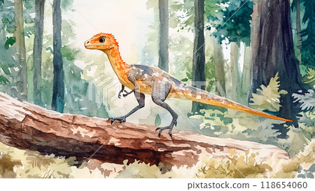 Dromaeosaur Walking Along Along Trunk Of Fallen Tree Watercolor Illustration For Childrens Book Adorable Character Colorful Scene Whimsical Kids Storybook Prehistoric Adventure 118654060