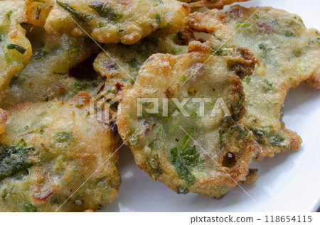 Close up view of vegetable fritters from above. 118654115