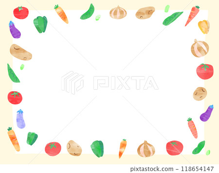 Pale yellow frame of colorful hand-drawn vegetables Pale yellow frame of colorful hand-drawn vegetables 118654147
