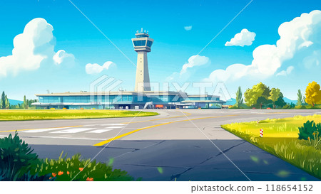 Airport Landscape With Runway Communication Tower And Terminal Building Cartoon Illustration For Childrens Book Scenic Setting Runway Communication Art Kids Storybook 118654152