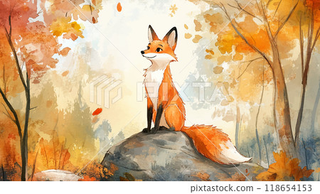 Adorable Skinny And Tall Handsome Fox Sits On Rock In Fall Forest Watercolor Illustration For Childrens Book Character Colorful Fall Forest Rock Kids Storybook Autumn Scene 118654153