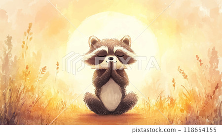 Adorable Raccoon Stands In Yoga Pose Against Backdrop Of Sunrise Watercolor Illustration For Childrens Book Character Yoga Pose Sunrise Background Kids Storybook Peaceful Scene 118654155