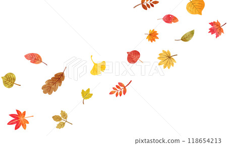 Illustration of falling autumn leaves, hand-drawn watercolor style, landscape Illustration of falling autumn leaves, hand-drawn watercolor style, landscape 118654213