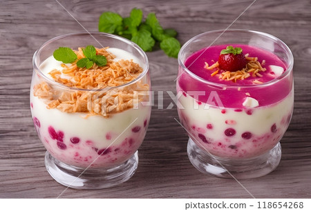 Falooda is a popular dessert drink made with rose syrup, vermicelli, sweet basil seeds, milk and ice cream, offering a refreshing and sweet layered treat. AI Generated 118654268